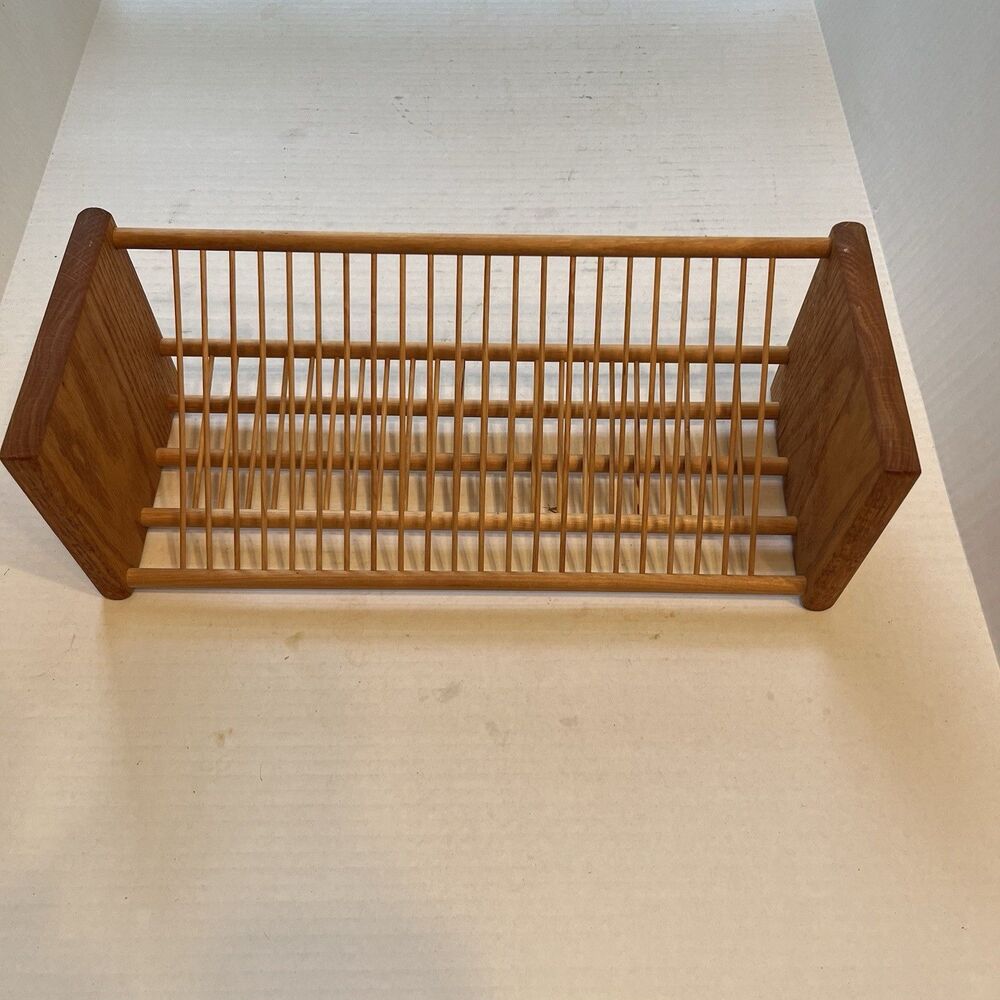 Vintage Rustic Oak Wood Desktop or Wall Mount 25 CD Display Storage Rack w Rods